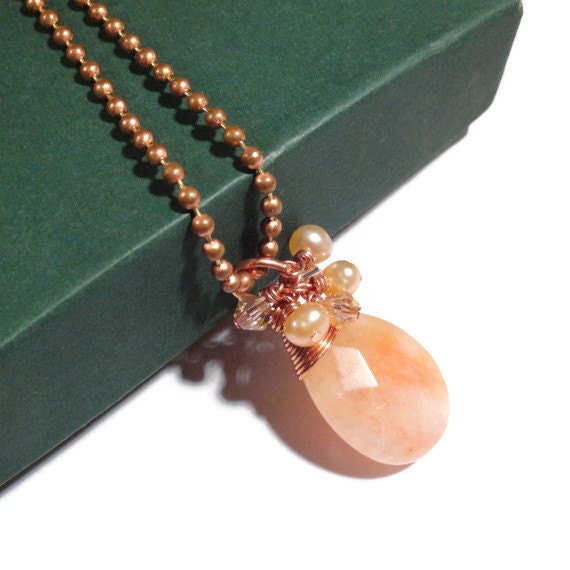 Peach Candy Jade Pendant, Wire Wrapped Necklace, Pearl, Gemstone, and Crystal Pendant Genuine Copper