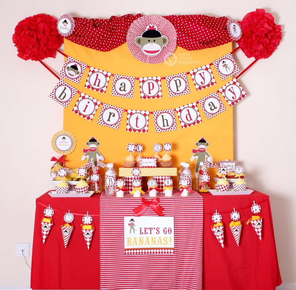 Special Price - Sock Monkey Birthday Party Package Personalized FULL Collection Set - PRINTABLE DIY - PS819CA1x Il_570xn