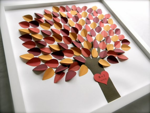 Wedding Guestbook 3D paper leaves and heart. Unique guest book, fall wedding, natural wedding, rustic shadowbox