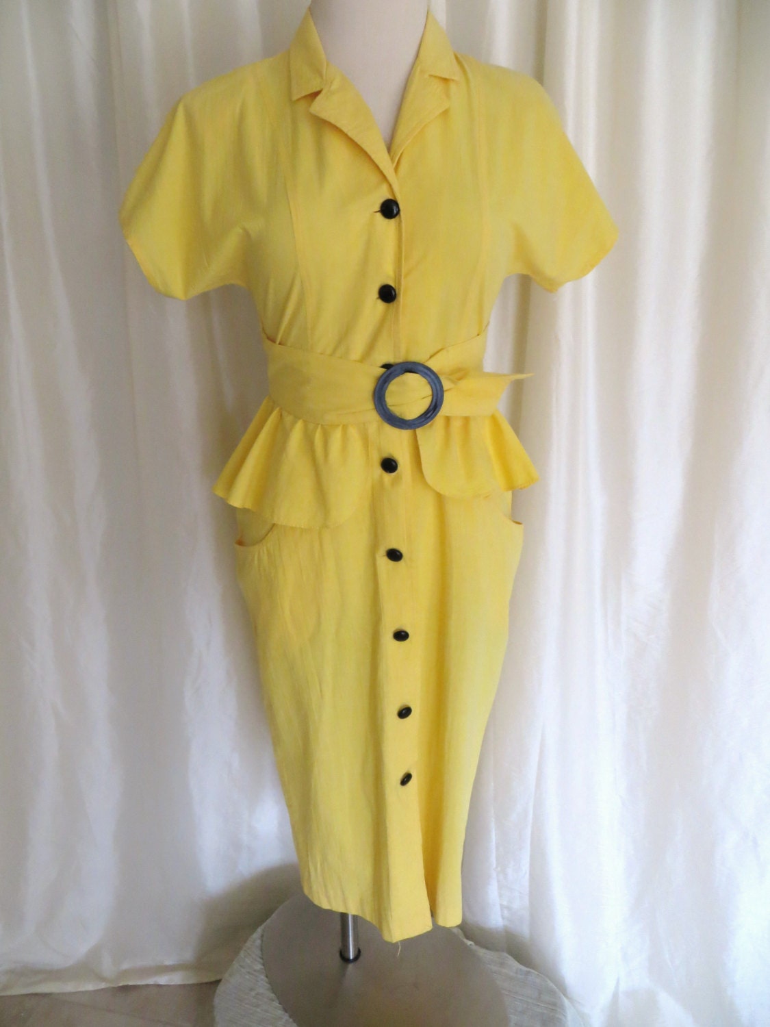 Vintage womens 70s summer cotton dress peplum yellow black