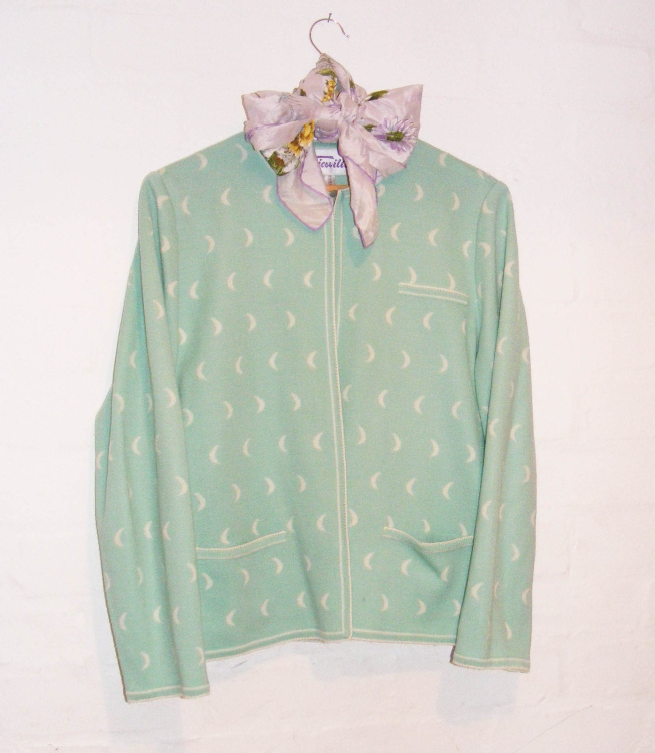 Spearmint Moon, crescent moon knit cardigan in mint green, white 1950s