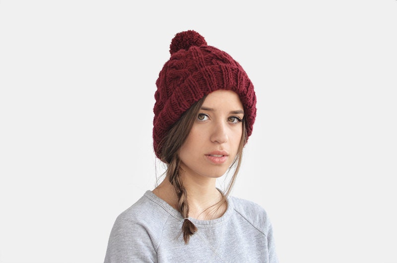 Cable knit burgundy beanie winter ski hat with pom pom, unisex / Hand Knitted - Plexida