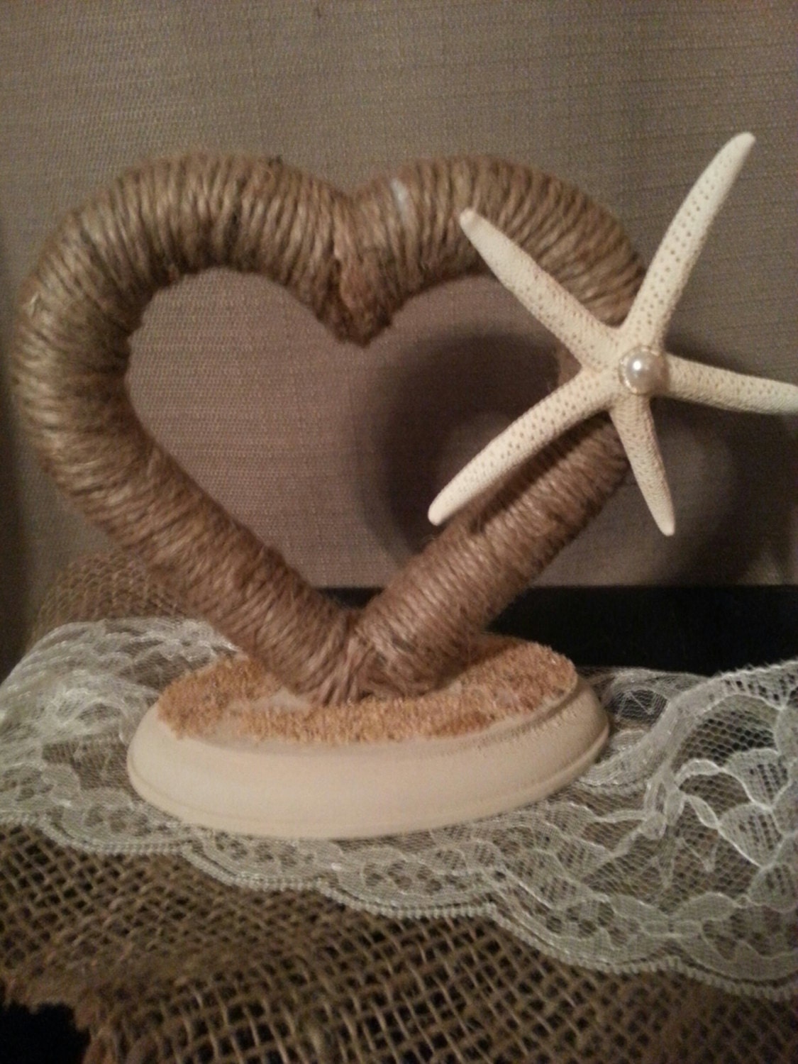 Jute Wrapped Heart Cake Topper with Beach Theme