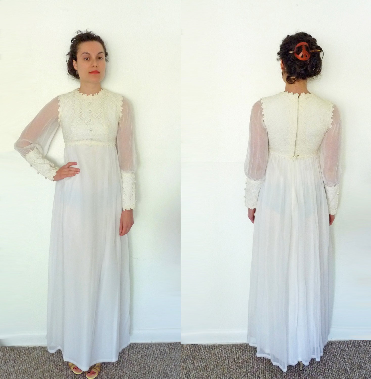 1970s hippie WEDDING dress / lace sheer long sleeves cream / size small