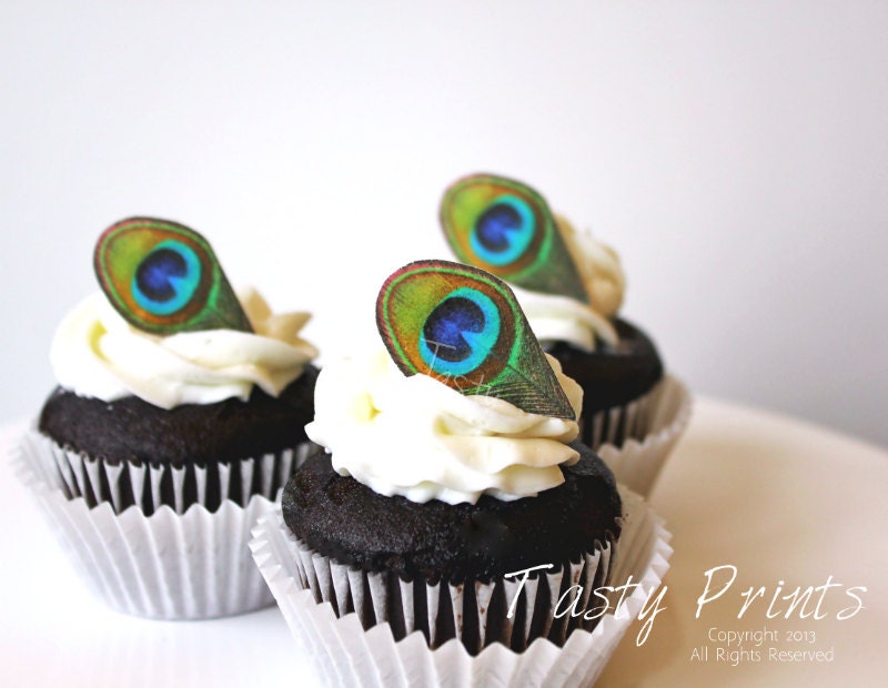Peacock Wedding, 100 Food Decorations - 100 EDIBLE Peacock Feathers - Petite Size - Cupcake topper - cake decoration, wedding cupcakes Il_570xn