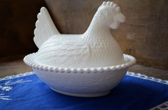 White Glass Nesting Chicken Bowl & Lid Vintage by TimberAndTwine