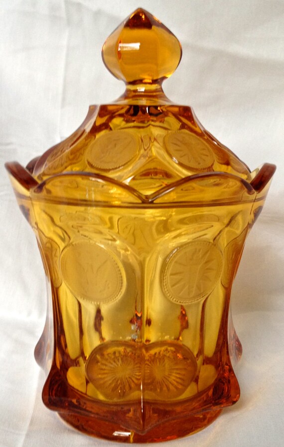 FOSTORIA COIN Amber Depression Glass Candy Jar w/ by