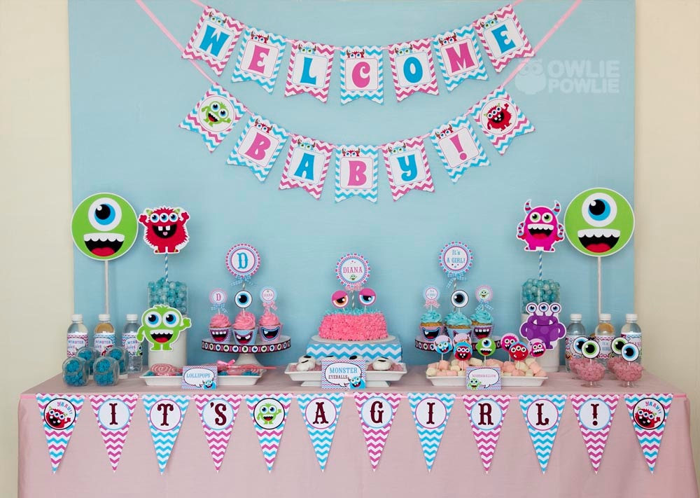 Monster Bash Pink Blue BABY Shower Party Printable Package & Invitation, INSTANT DOWNLOAD, You Edit Yourself with Adobe Reader Il_570xn