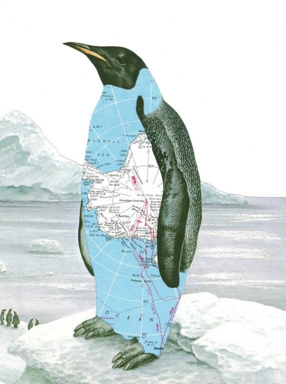 Print of Paper Collage Art Penguin Art Antarctica Map Art Arctic Iceberg - dadadreams