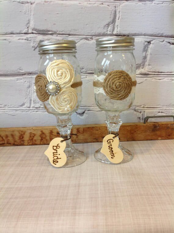 mason jar WEDDING GLASSES/ burlap wedding by FallenStarCoutureInc