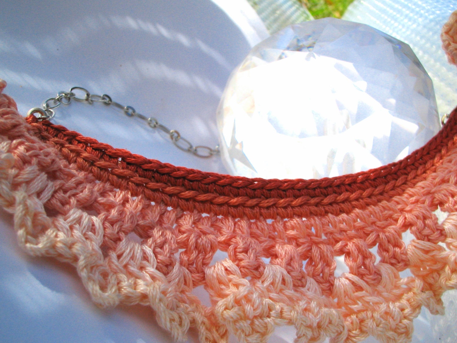 Lace Necklace in Peach by Even Howard crochet, handmade in fine crochet lace.