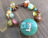 bohemian linen collage bracelet vintage buttons and beads No.8