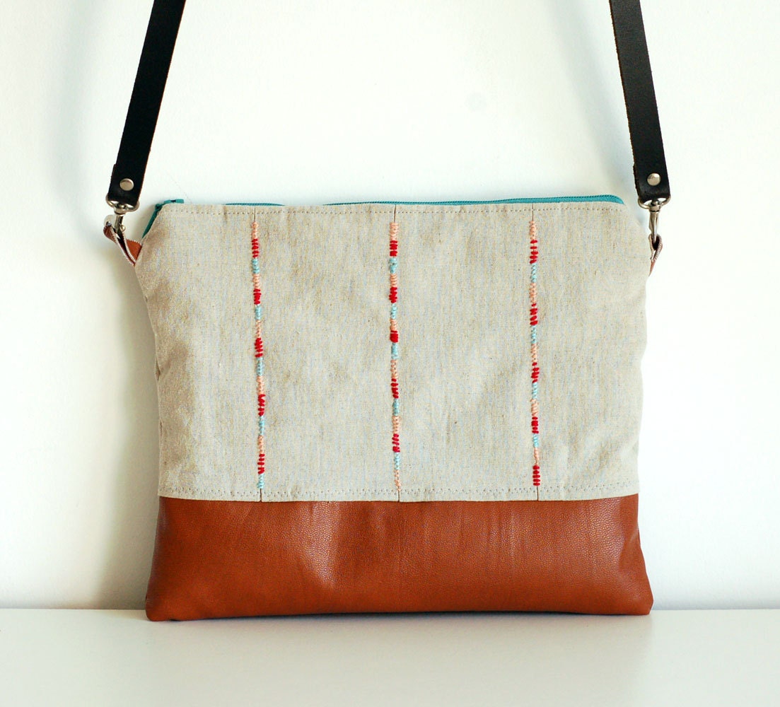 Red/turquoise/peach lines - linen and leather clutch - Mosaic Collection - OOAK