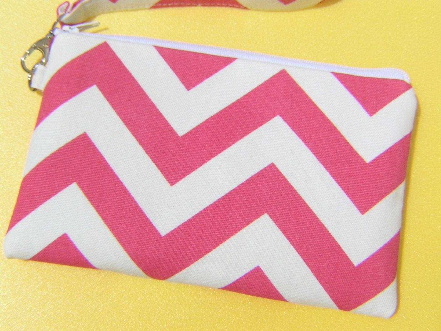 GIFT POUCH, 2 pockets, bridesmaids, flower girls, handmade, iphone  - BIG Chevron candy pink/white