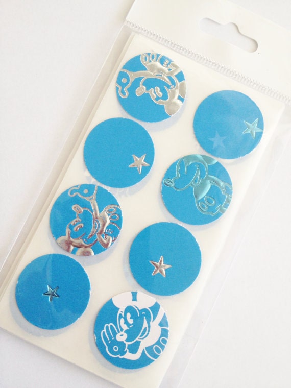 Blue Mickey Round Stickers 32 pack Gift Tags, Cupcake Toppers, Scrapbooking, Embellishments, Wedding Supplies