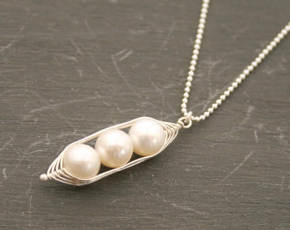 Peapod necklace. Three snow peas in a pod, white pearl pendant on sterling silver chain.