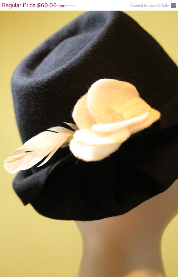 SPRING CLEANING SALE Navy Blue Hand Blocked Wool Fedora Inspired Hat with Feathers & Handmade Flower (One-of-a-Kind)
