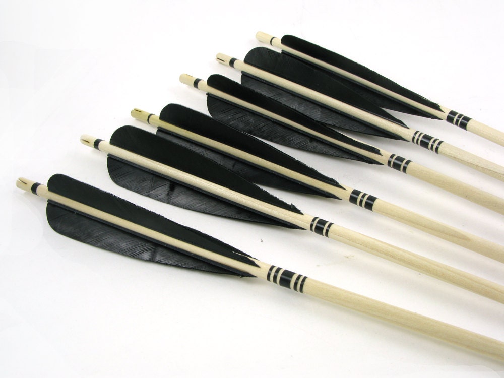 Natural Unpainted Arrows Rustic Wood Decor Black Feather Traditional Archery Set Bow and Arrow - FletcherandFox