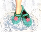 Mary Jane Crochet Slippers. Double Thickness Soles. Women shoe size US 8.5-9,euro 40 wide
