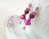 Romantic Vintage Earrings, Pink Beaded Pearl Rhinestone Earrings, Pretty Flower Floral Assemblage Jewelry