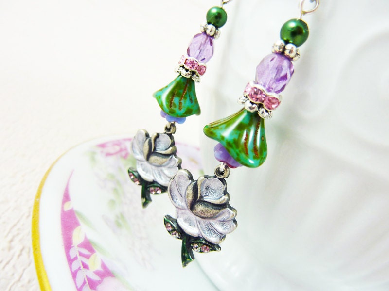 Romantic Vintage Earrings, Pink Lavender Beaded Rhinestone Earrings, Pretty Flower Floral Assemblage Jewelry, Vintage Banana Bob Findings
