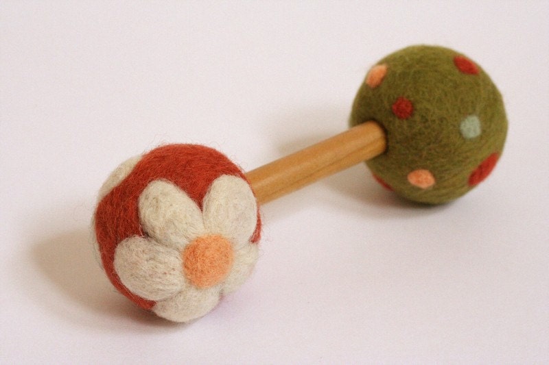 Daisy -  Felted Wool Baby Rattle - Eco Friendly - Natural - Alternative Baby Toy