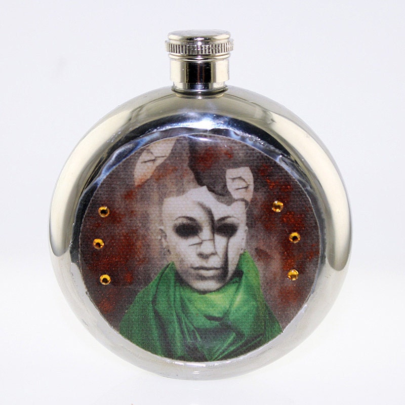 Jeweled Hip Flask, Photo Flask, Drink Flask, Alcohol Flask, Beverage Flask, Round Flask - EXPLODING HEAD - Sealed in Resin