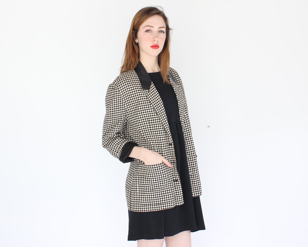 vintage 80s black white houndstooth blazer jacket with leather collar