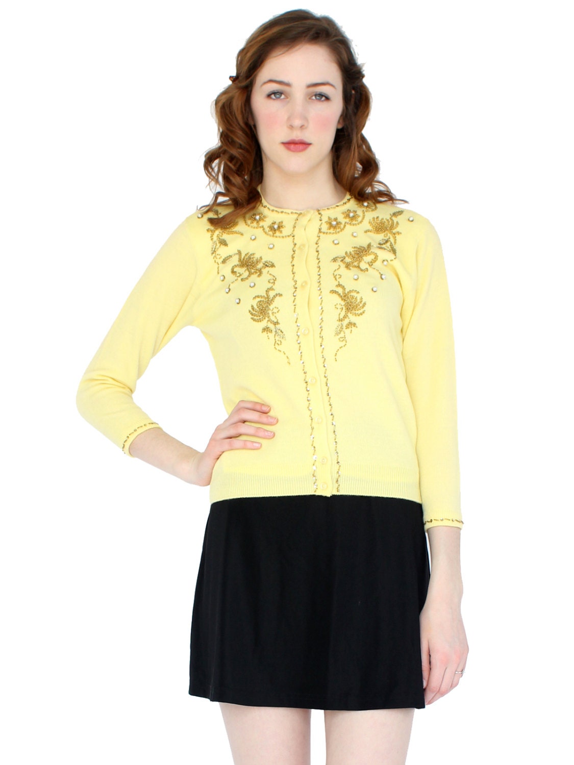 vintage 1960 lemon yellow gold beaded cardigan / 60s sweater metallic beads