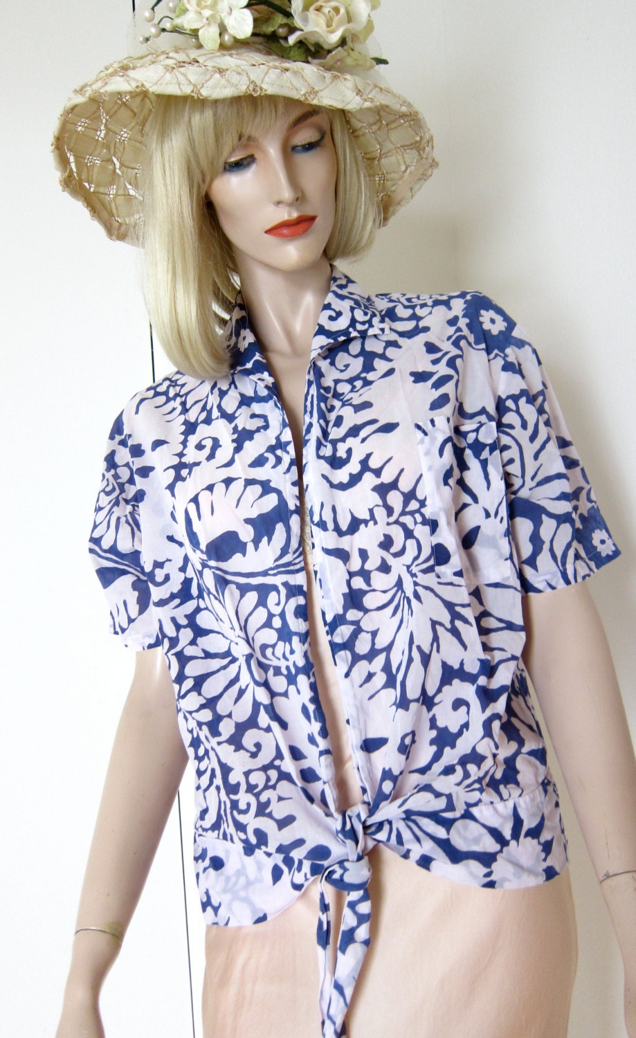 60s 70s Beach Blue White Matisse Style Print - Fine Cotton Vintage Voile Nautical Shirt - Alexander Shields I. Magnin & Co.