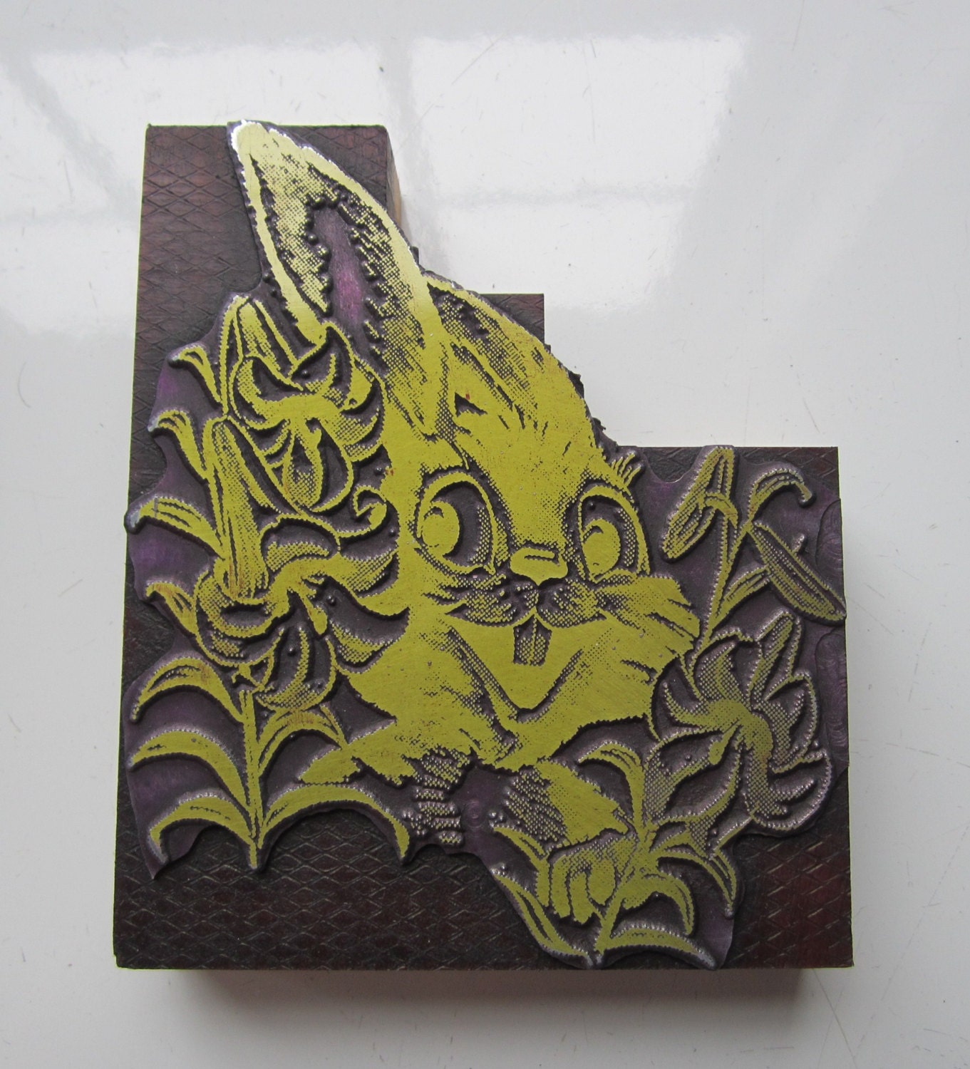 Vintage Letterpress Printers Block Easter Bunny Rabbit with Lilies