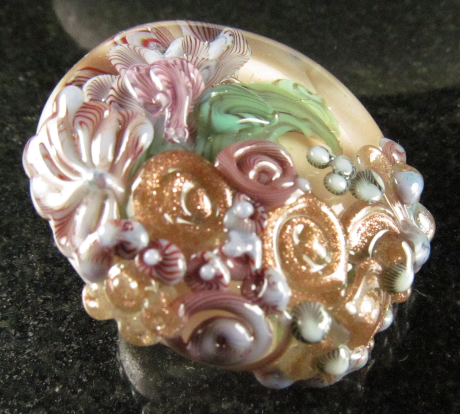 Peach Rose Garden lampwork feature button