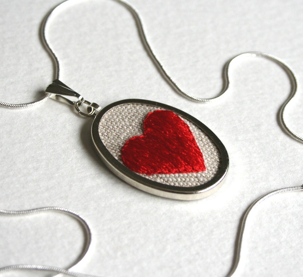 Red Heart Necklace Stitched Art Jewelry