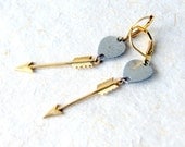 25% OFF Arrow and Heart Earrings, brass arrows, vintage steel hearts. heart jewelry