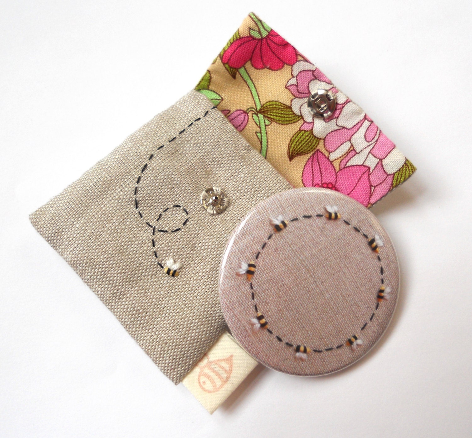 Ring of Bees Pocket Mirror with Embroidered Bee Linen Pouch Supporting the BBKA Pink Version