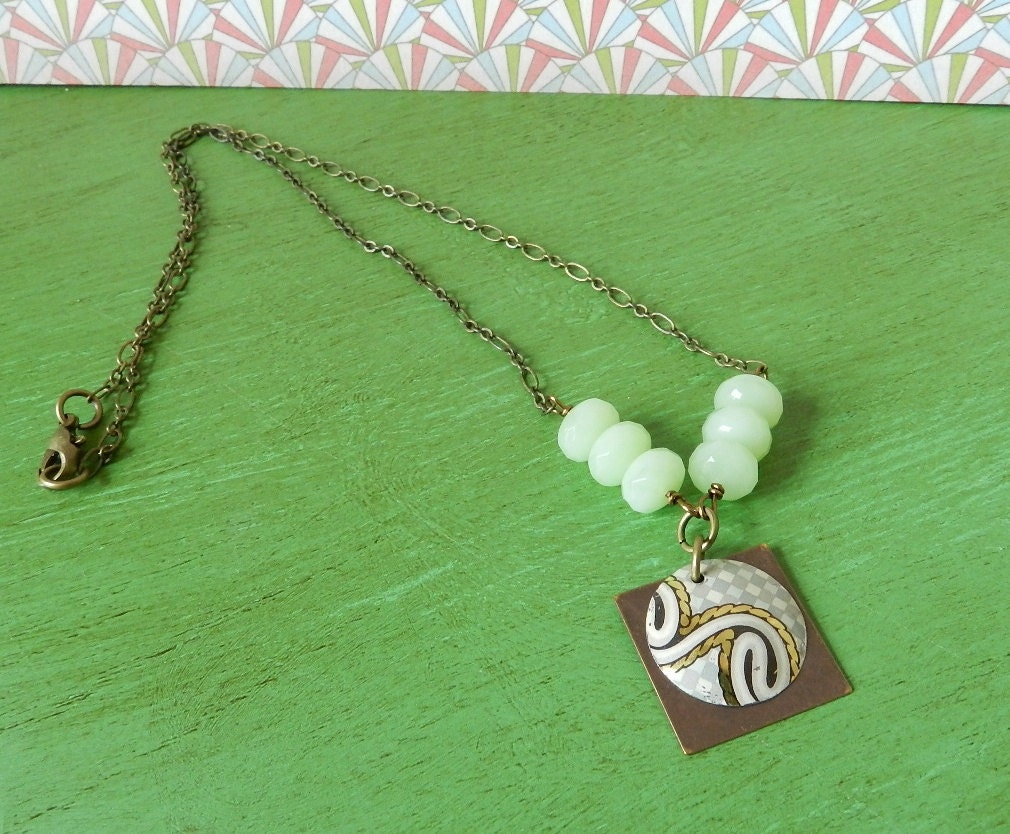 Mint green necklace of vintage tin