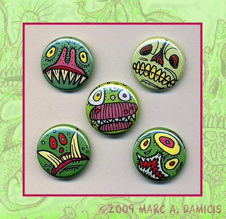 The Green Monsters, pinback button set, lowbrow cartoon horror art