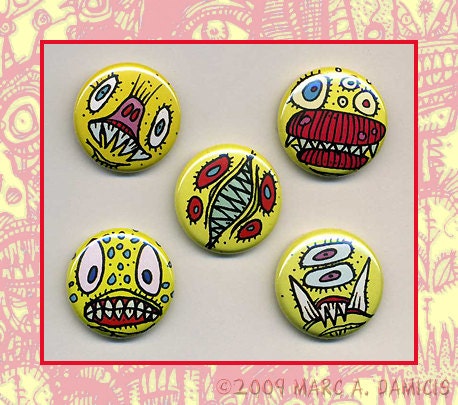The Yellow Monsters, pinback button set, lowbrow cartoon horror art