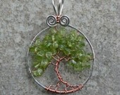Spring Green Peridot Tree of Life Pendant in Sterling Silver and Copper - magpiesmiscellany