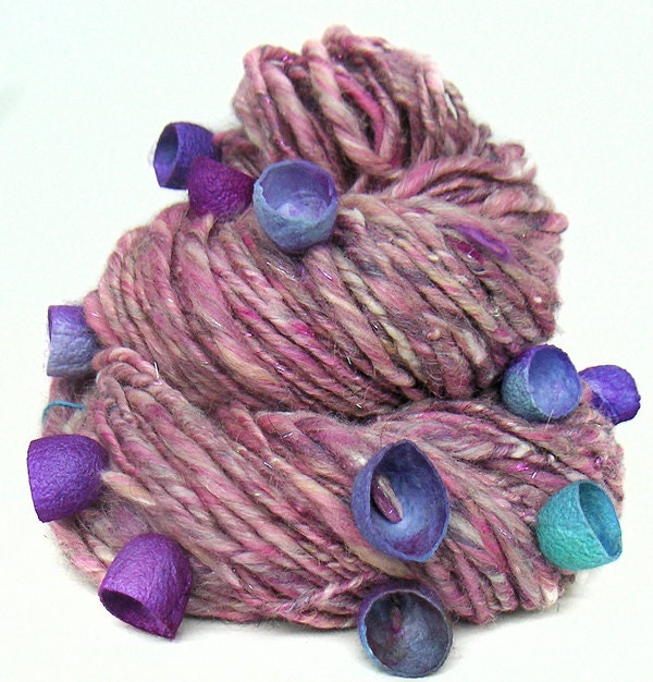 Handspun Art Yarn handcarded sparkly Merino wool cotton bamboo kidmohair alpaca and silk cocoons