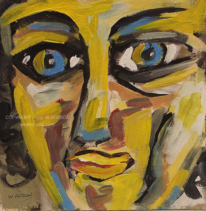 Big Blue Eyes, Yellow Face, Modern, Bold, Abstract, Female Figure,Winjimir, Home Decor, Original Painting.
