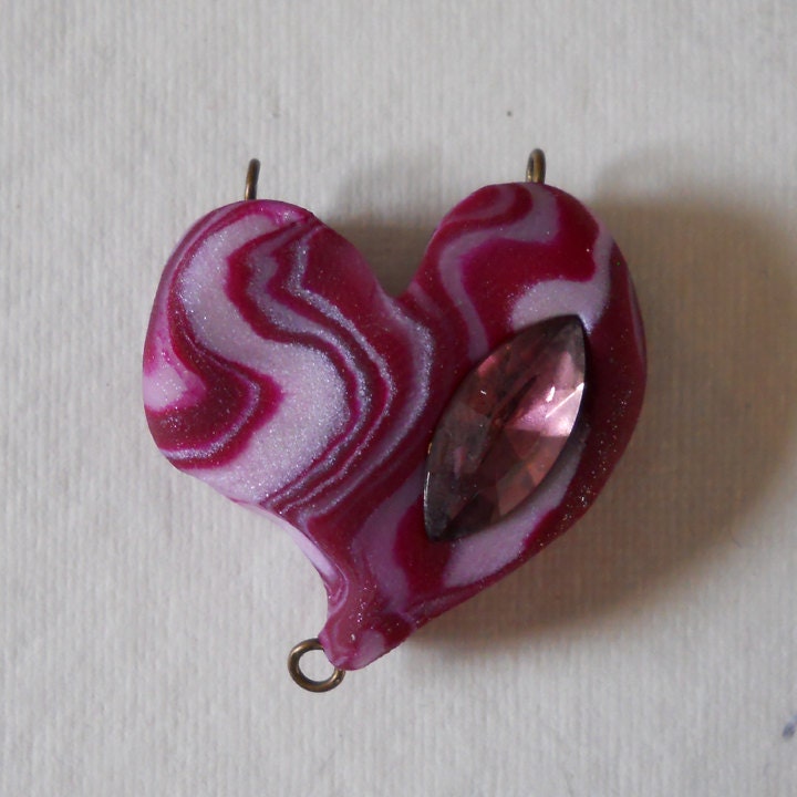 Marbled Purples RUSTIC HEART Pendant/Focal with Vintage Crystal