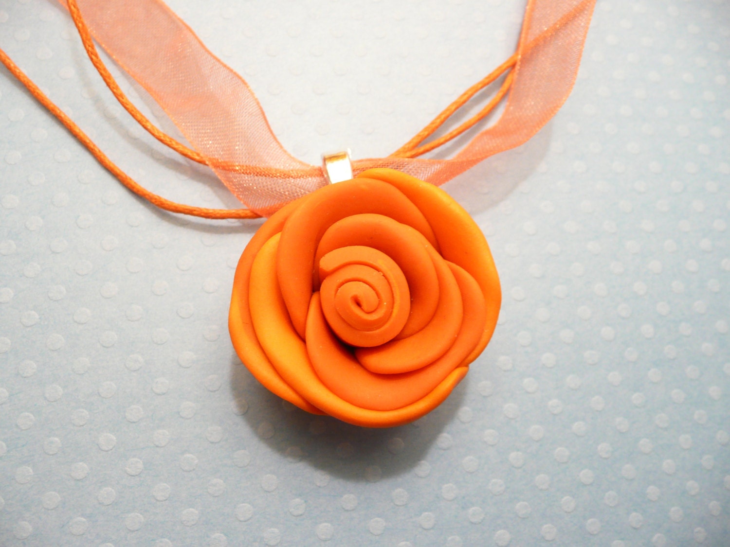 Orange Jewelry Rose Pendant with Organza Ribbon Necklace handmade polymer clay University of Tennessee UT Team Color