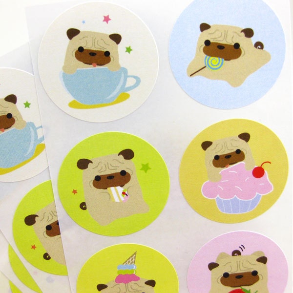 Pug Stickers Ball-Z Sweet Treat (1.5 inch circle, 6 designs, 30 labels) STKM064