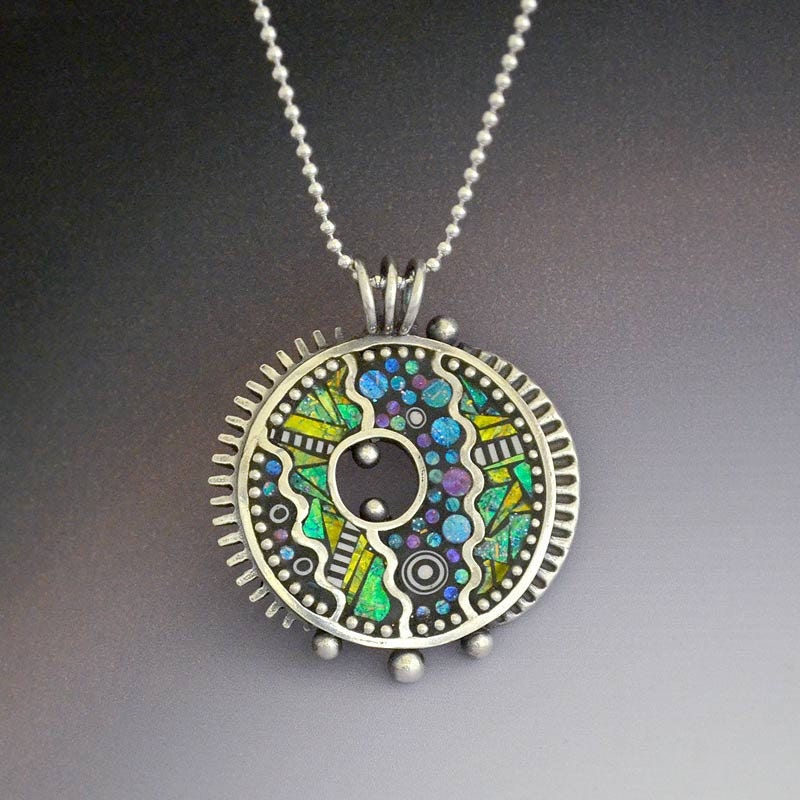 Sterling silver pendant necklace with purple green iridescent mosaic inlay polymer clay sterling chain