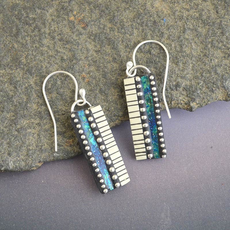Faux Ivory and iridescent  polymer sterling silver beads dangle bar earrings with sterling French earwires