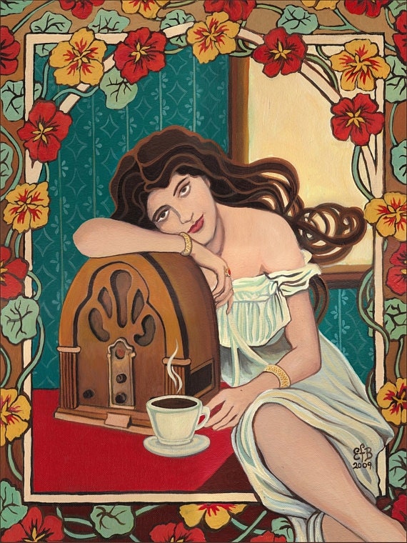 Morning Ritual - Art Nouveau Radio and Coffee Goddess 5x7 Card
