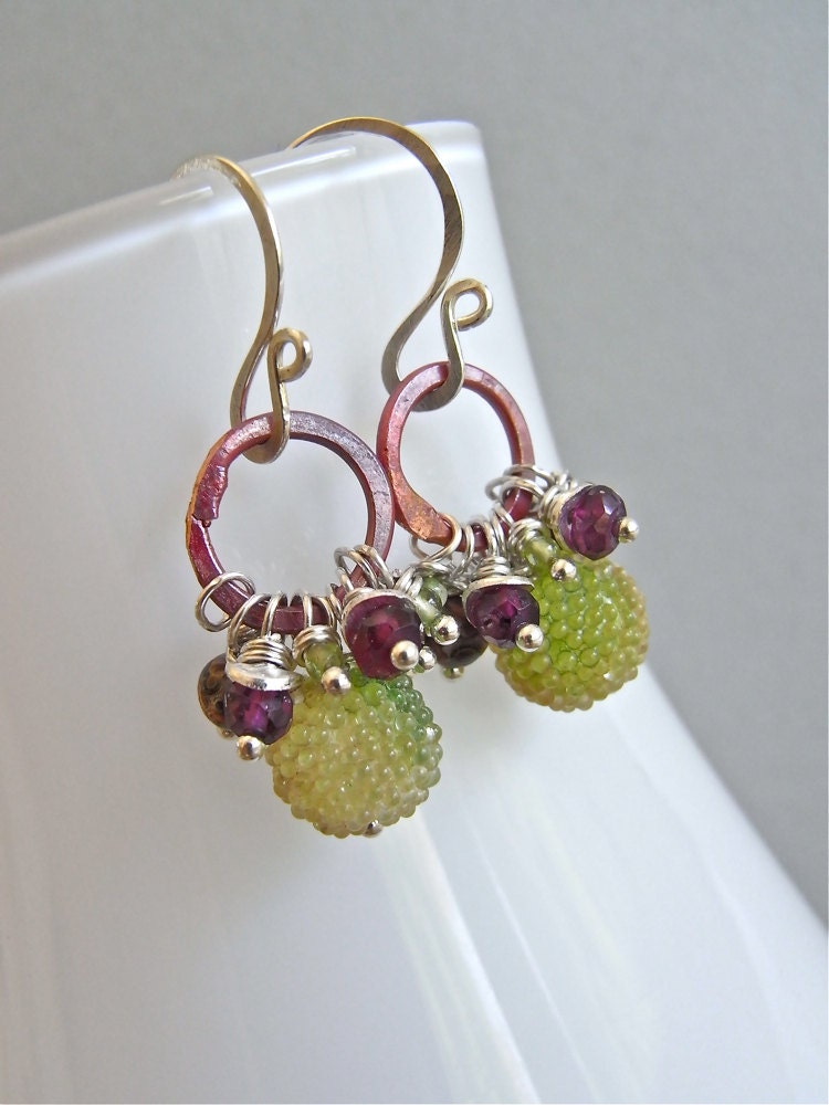 Earrings - vintage sugar beads, sterling silver, garnet, leopardskin jasper, peridot, rosy copper - Sumac