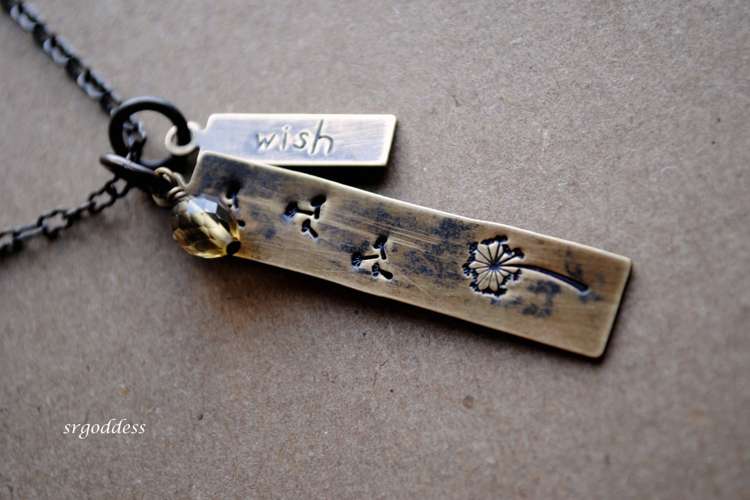 MAKE a WISH vintaj antique brass dandelion with fluff and citrine drop necklace length choice by srgoddess