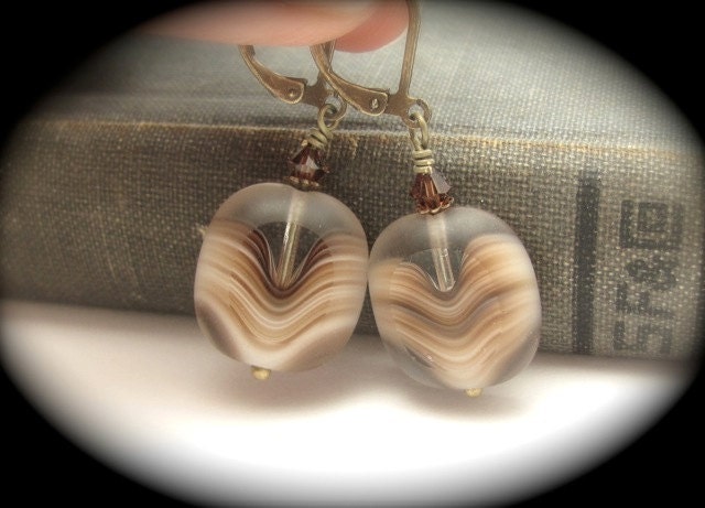 Brown Chevron Earrings Topaz White Window Glass Beads Swarovski Crystals Hawaii Beads